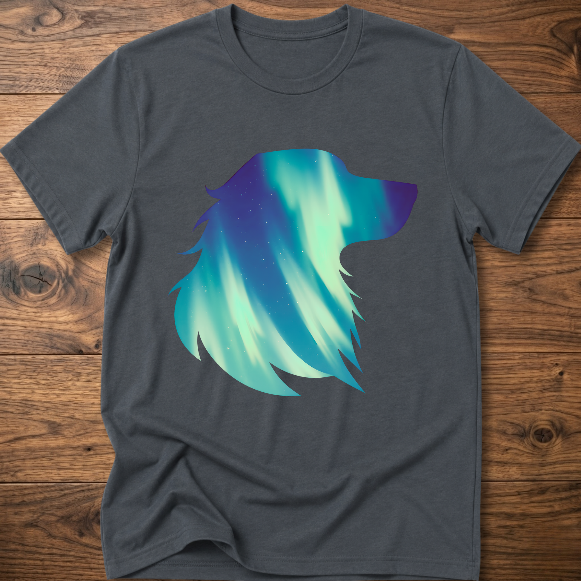 Sport grey dog t-shirt with teal geometric aurora graphic