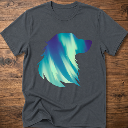Sport grey dog t-shirt with teal geometric aurora graphic