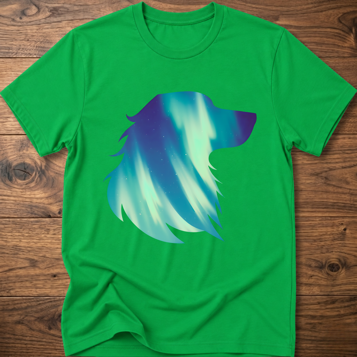 Irish green dog t-shirt with teal geometric aurora graphic