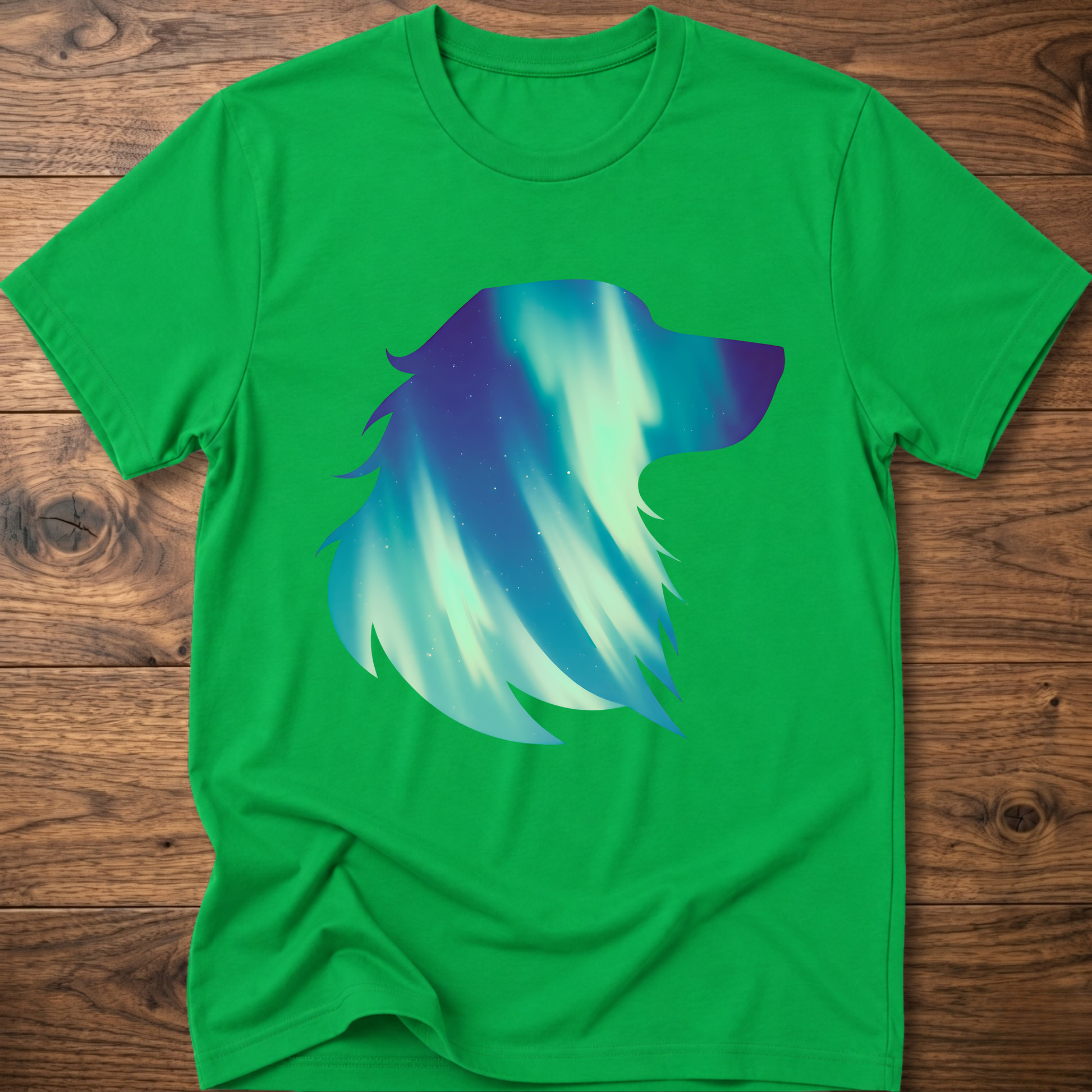 Irish green dog t-shirt with teal geometric aurora graphic