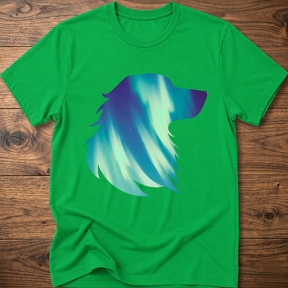 Irish green dog t-shirt with teal geometric aurora graphic