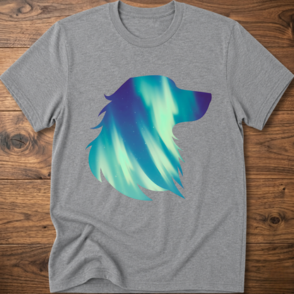 Dark heather dog t-shirt with teal geometric aurora graphic