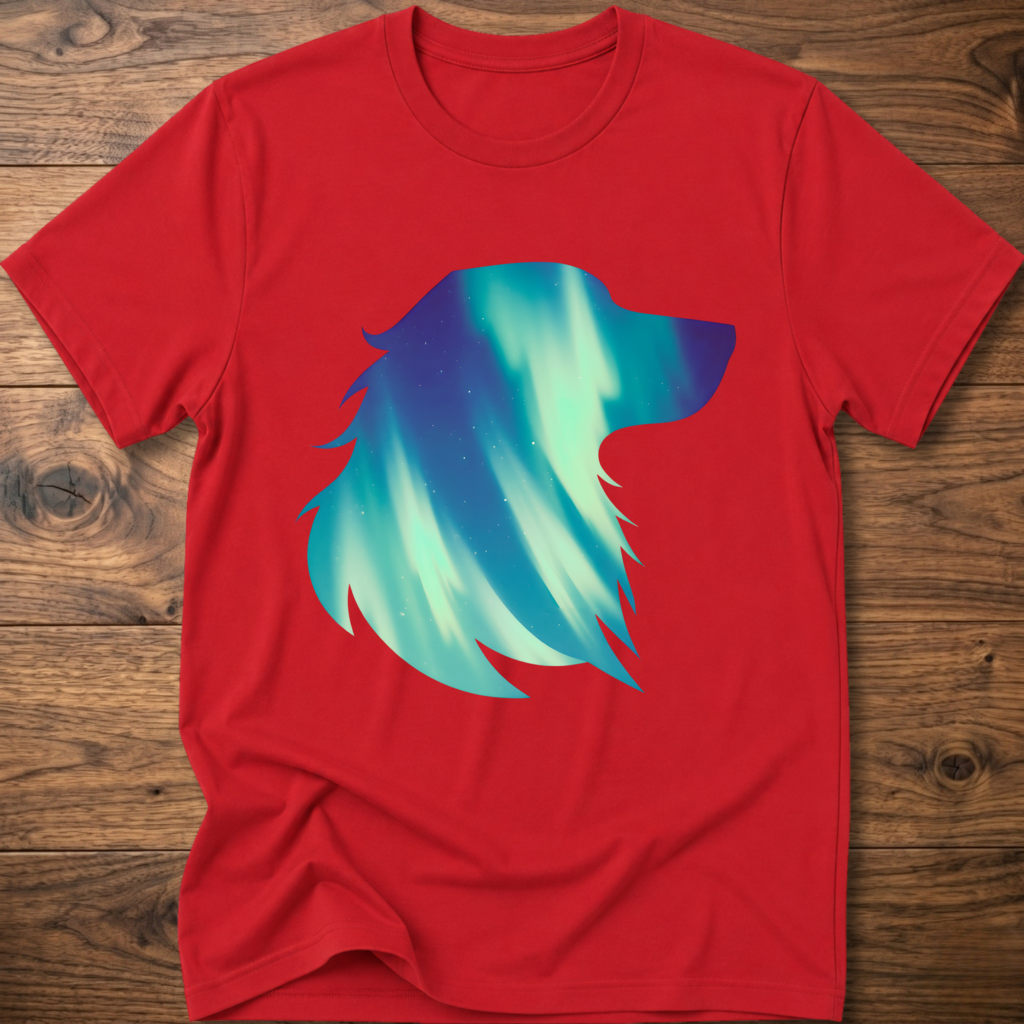 Red dog t-shirt with teal geometric aurora graphic