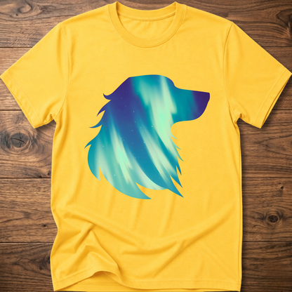 Daisy yellow dog t-shirt with teal geometric aurora graphic