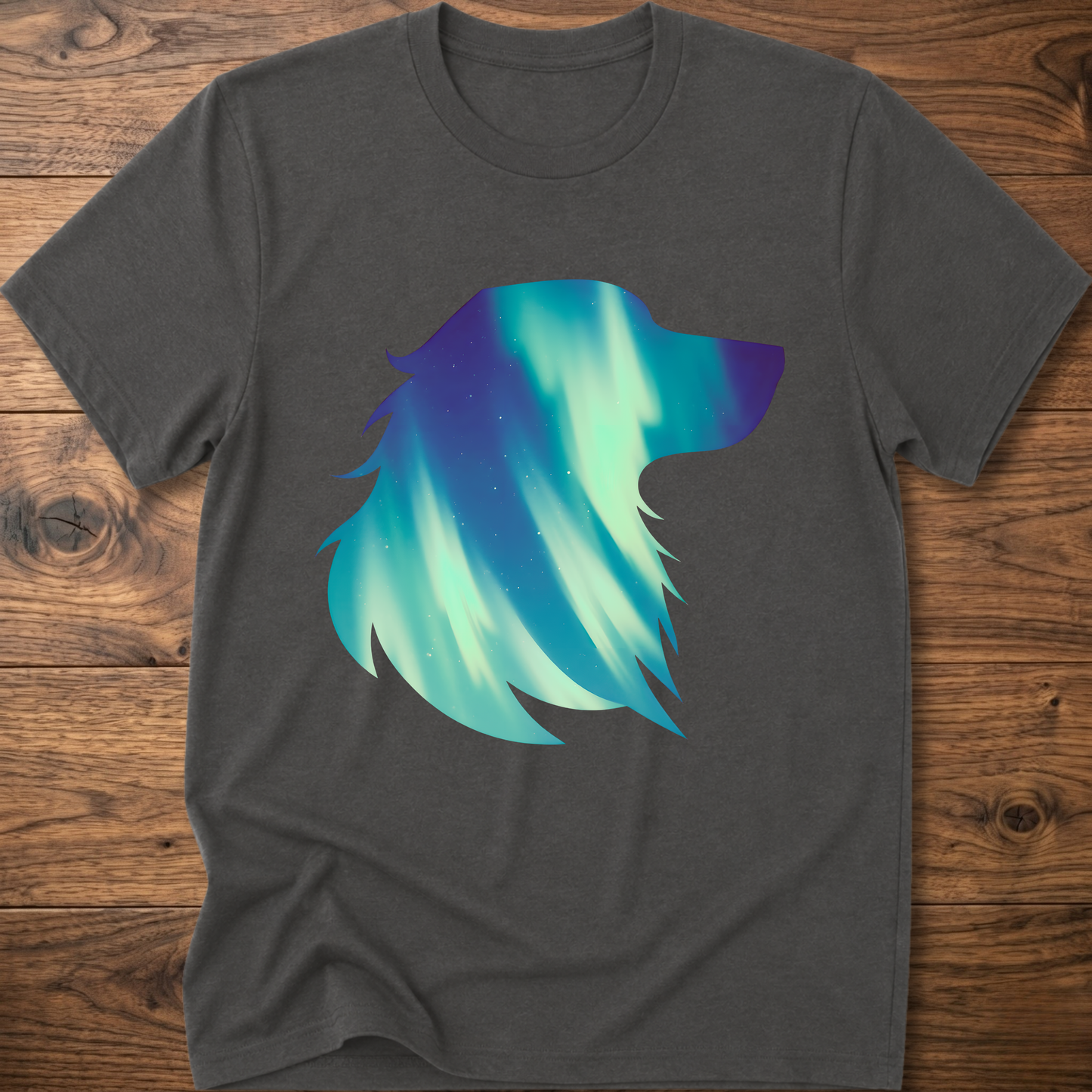 Charcoal dog t-shirt with teal geometric aurora graphic