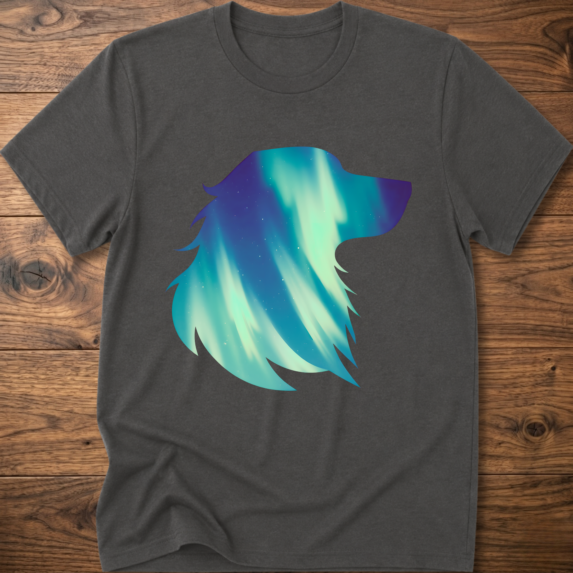 Charcoal dog t-shirt with teal geometric aurora graphic