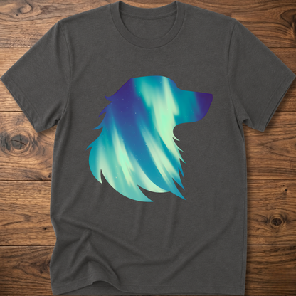 Charcoal dog t-shirt with teal geometric aurora graphic