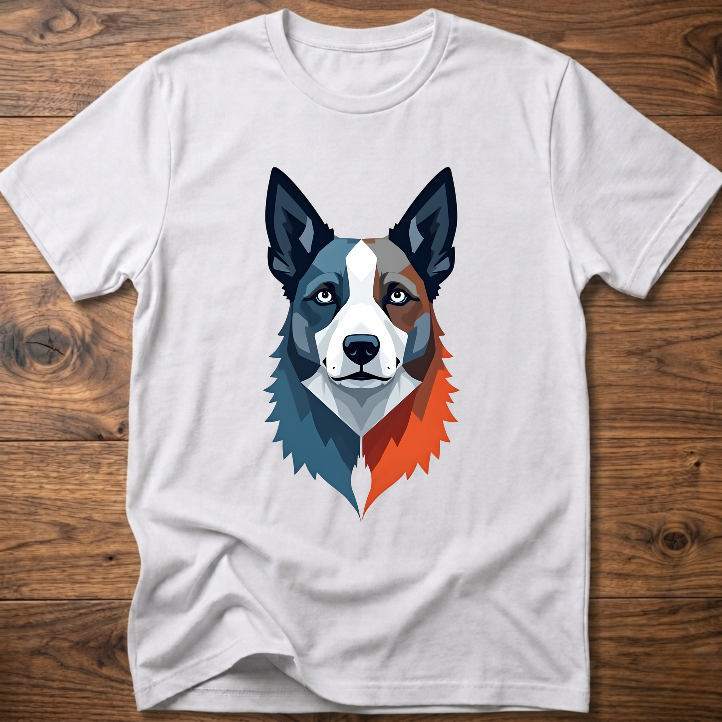 White crew-neck dog graphic t-shirt with geometric husky face print
