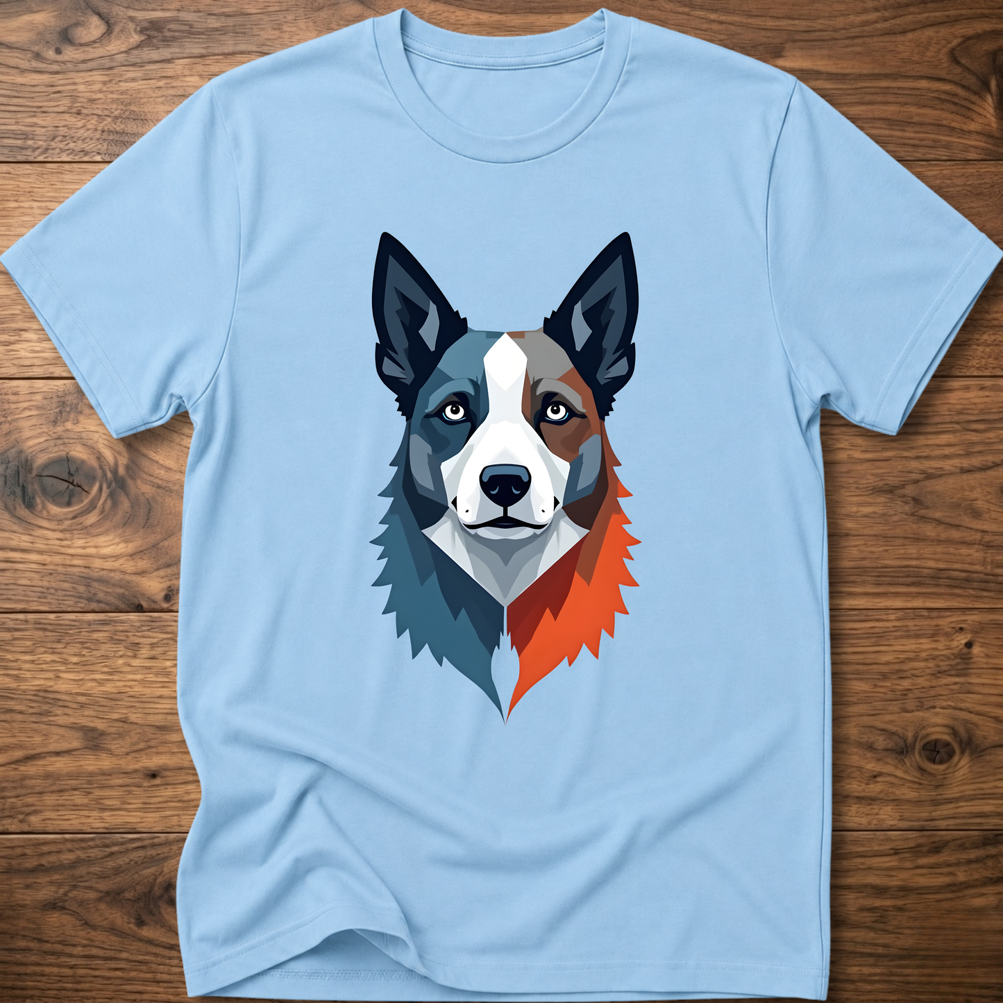 Light blue crew-neck dog graphic t-shirt with geometric husky face print