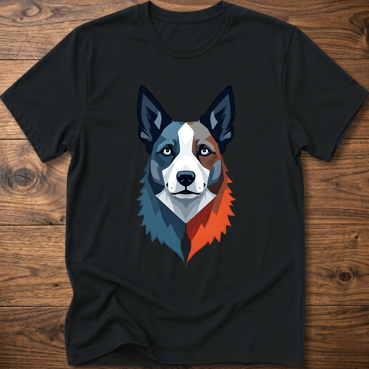 Black crew-neck dog graphic t-shirt with geometric husky face print