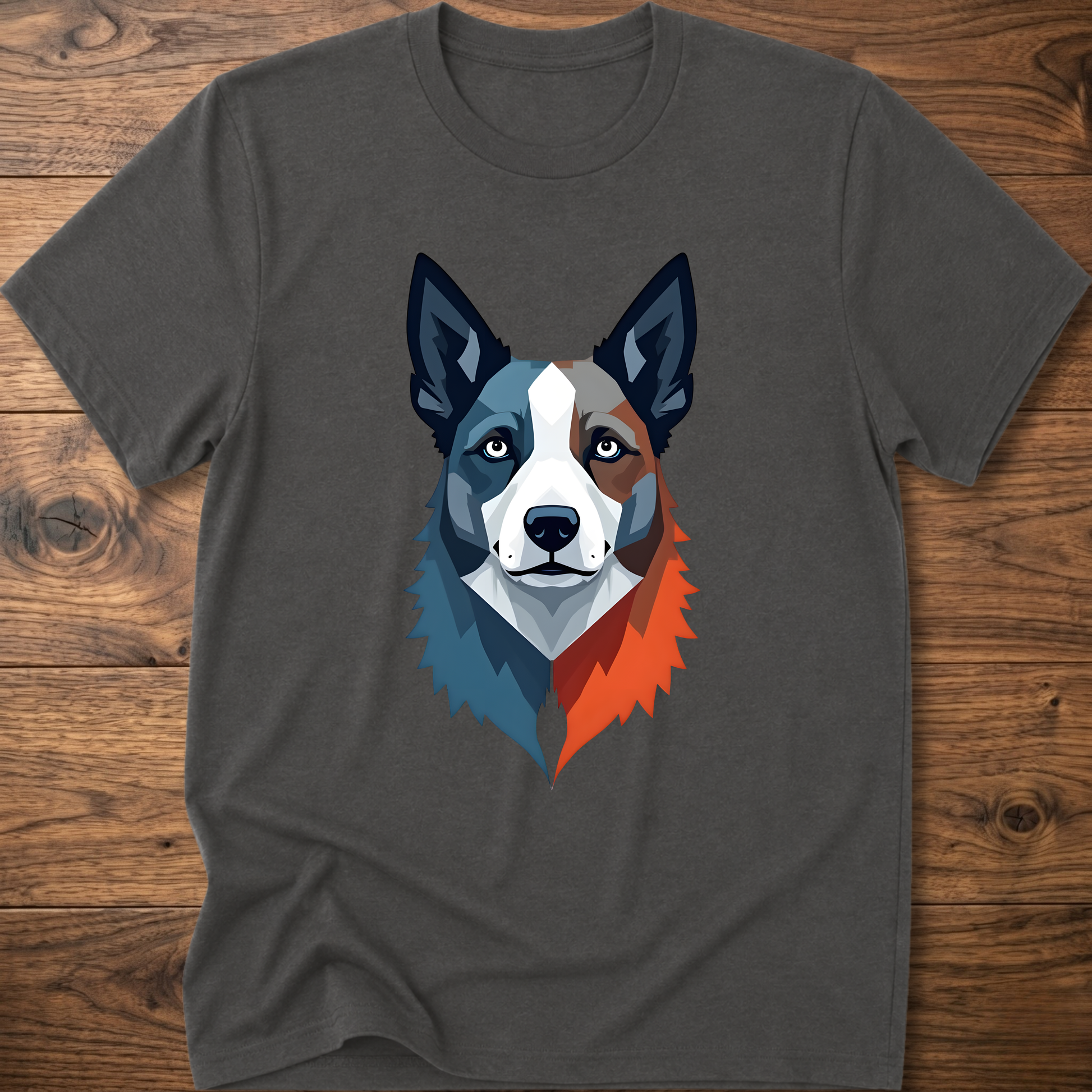 Dark gray crew-neck dog graphic t-shirt with geometric husky face print