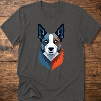 Dark gray crew-neck dog graphic t-shirt with geometric husky face print
