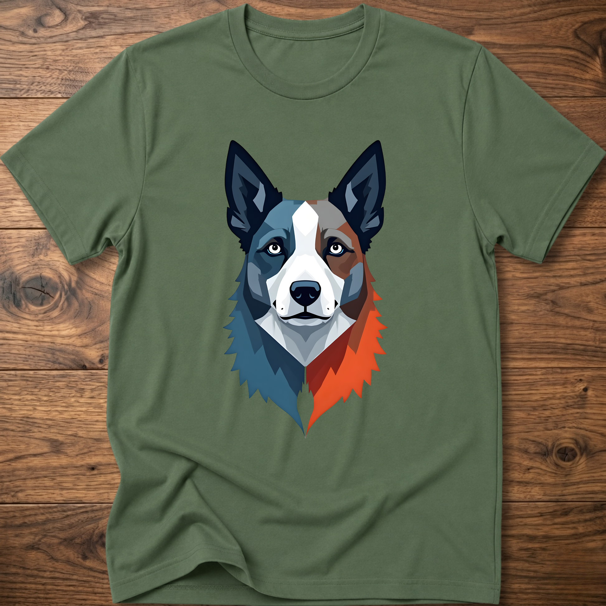 Military green crew-neck dog graphic t-shirt with geometric husky face print