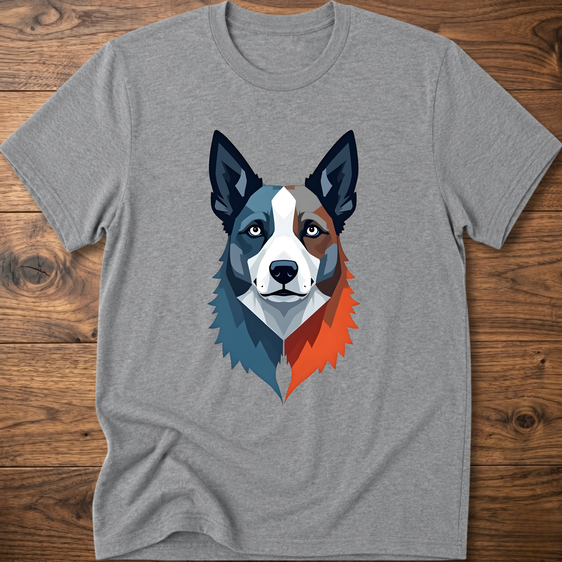 Heather gray crew-neck dog graphic t-shirt with geometric husky face print