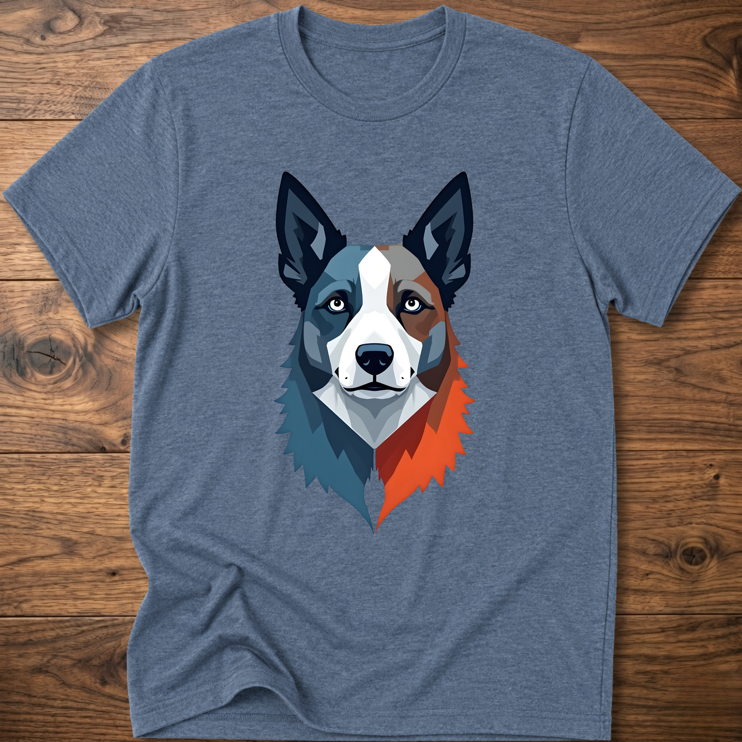 Heather blue crew-neck dog graphic t-shirt with geometric husky face print