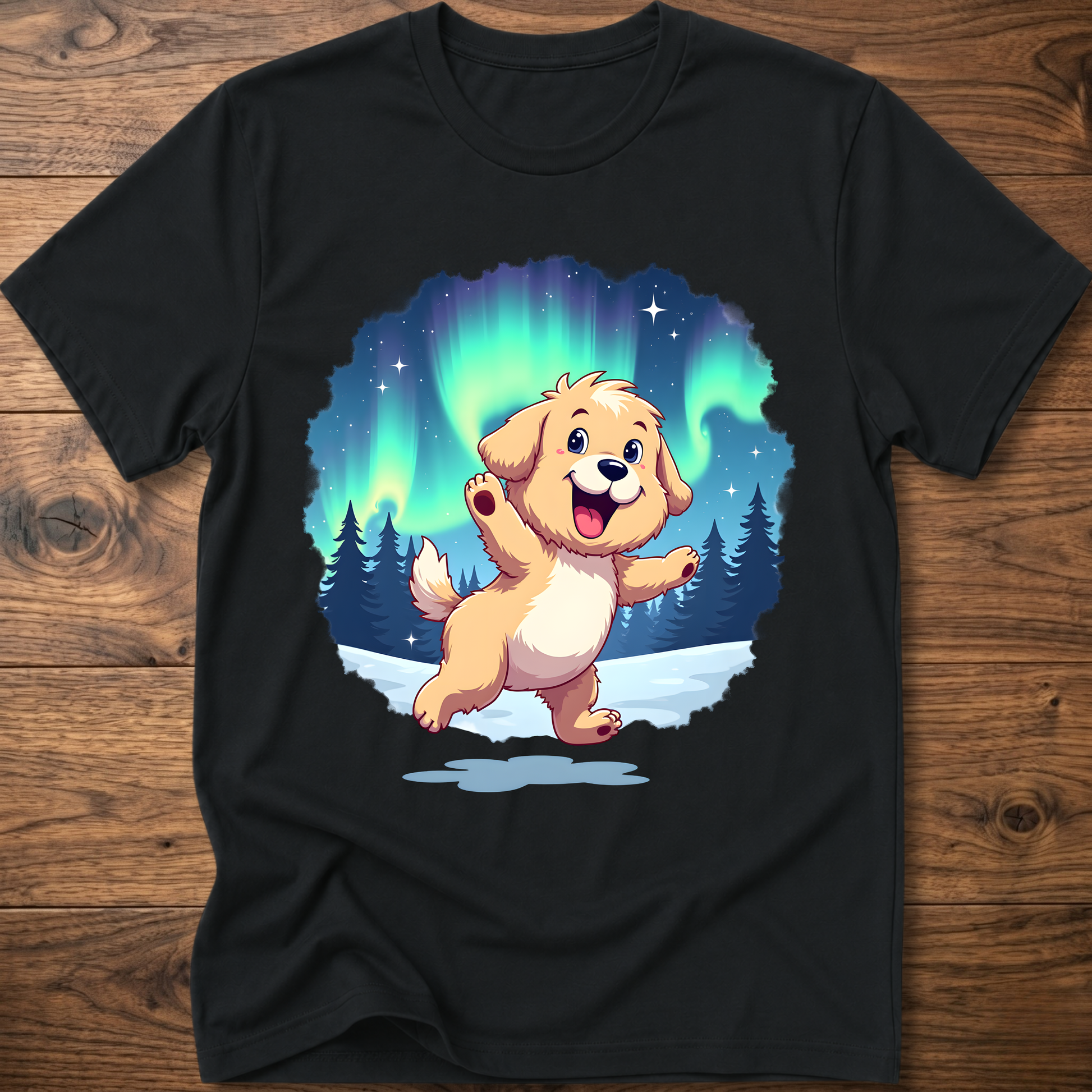 Black dog t-shirt with cute cartoon dog graphic under aurora lights