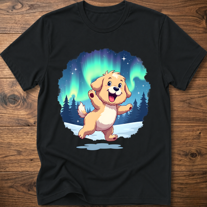 Black dog t-shirt with cute cartoon dog graphic under aurora lights
