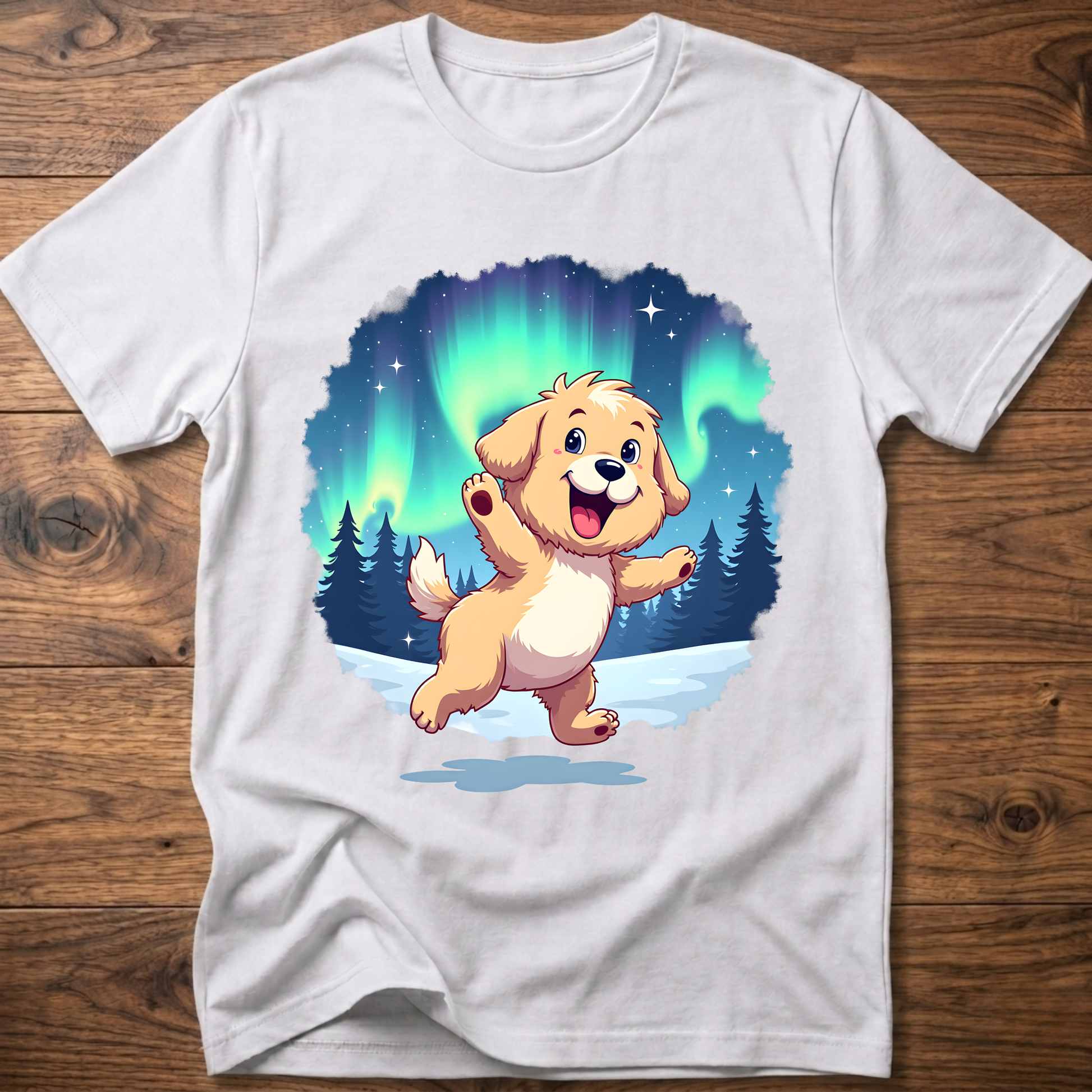 White dog t-shirt with cute cartoon dog graphic under aurora lights