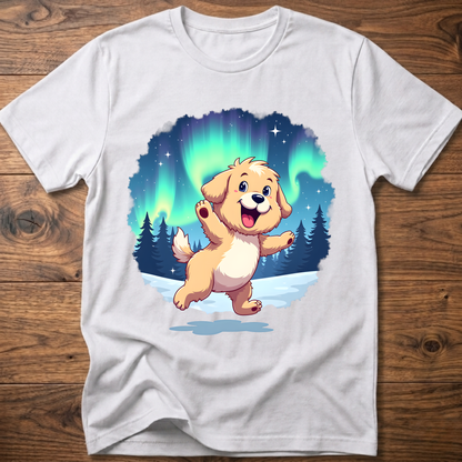White dog t-shirt with cute cartoon dog graphic under aurora lights
