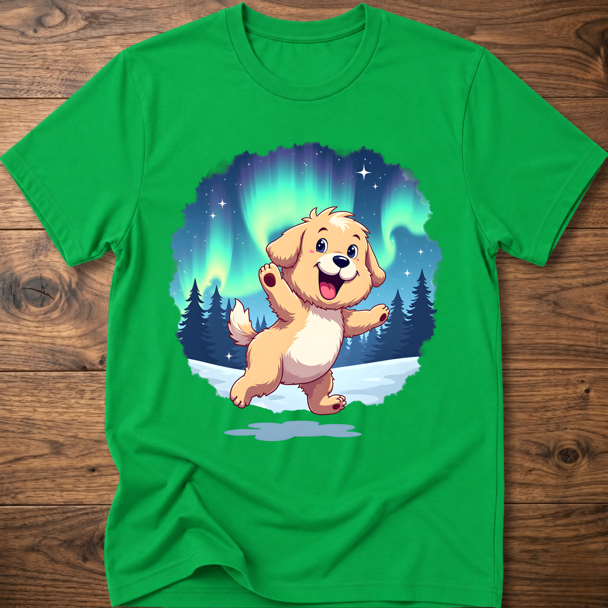 Bright green dog t-shirt with cute cartoon dog graphic under aurora lights