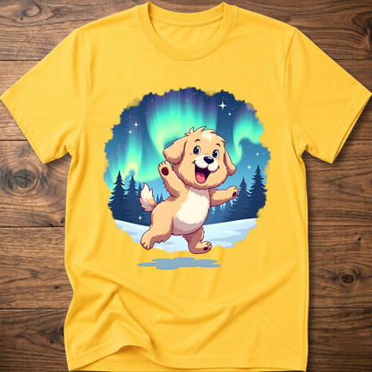 Yellow dog t-shirt with cute cartoon dog graphic under aurora lights