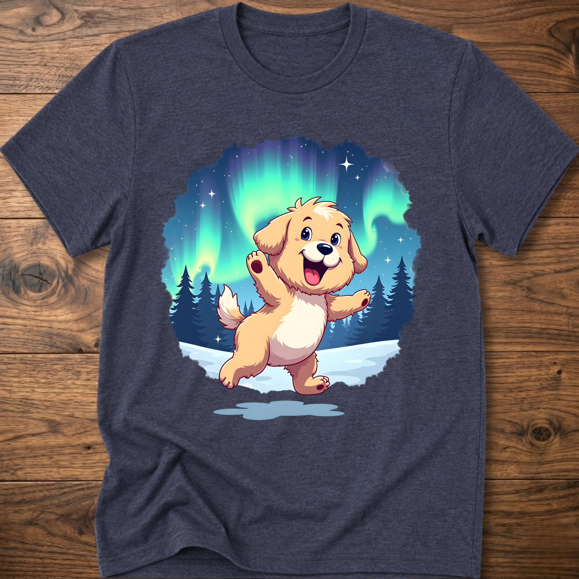 Heather navy dog t-shirt with cute cartoon dog graphic under aurora lights
