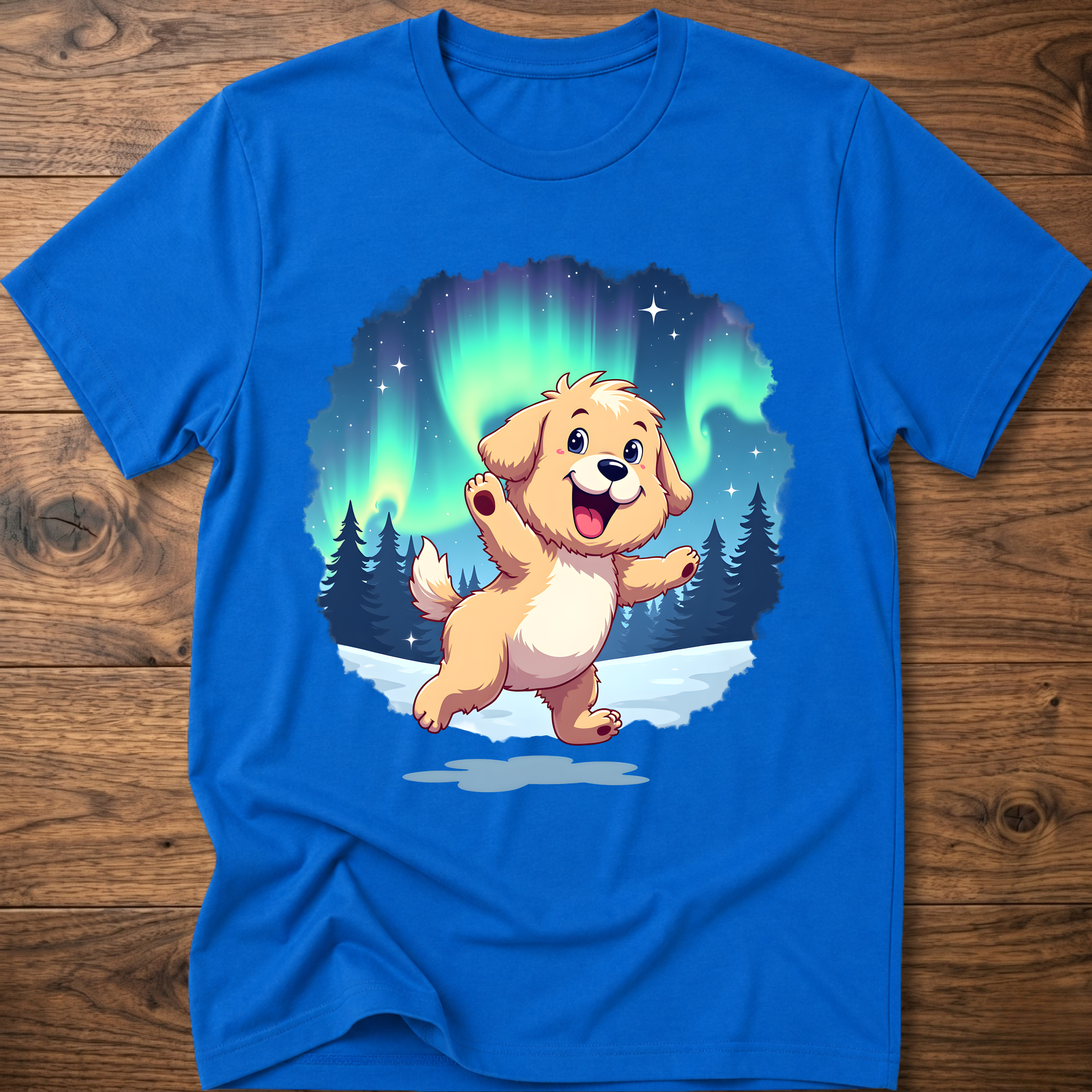 Royal blue dog t-shirt with cute cartoon dog graphic under aurora lights