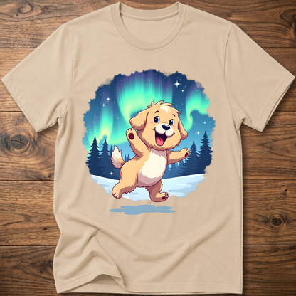 Sand dog t-shirt with cute cartoon dog graphic under aurora lights
