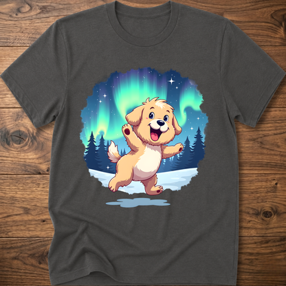 Charcoal dog t-shirt with cute cartoon dog graphic under aurora lights