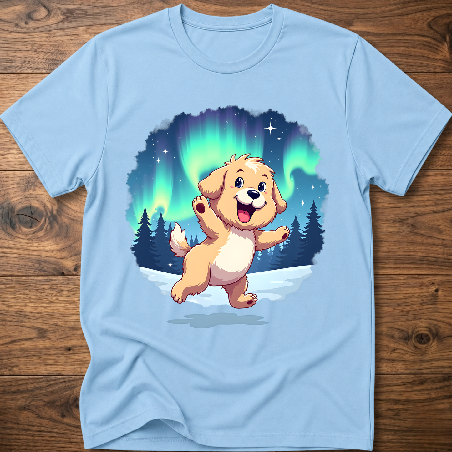 Light blue dog t-shirt with cute cartoon dog graphic under aurora lights