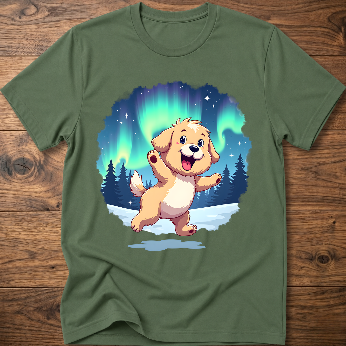 Military green dog t-shirt with cute cartoon dog graphic under aurora lights