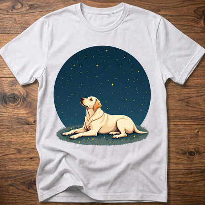 White t-shirt with starry sky circle graphic and tan dog lying on grass