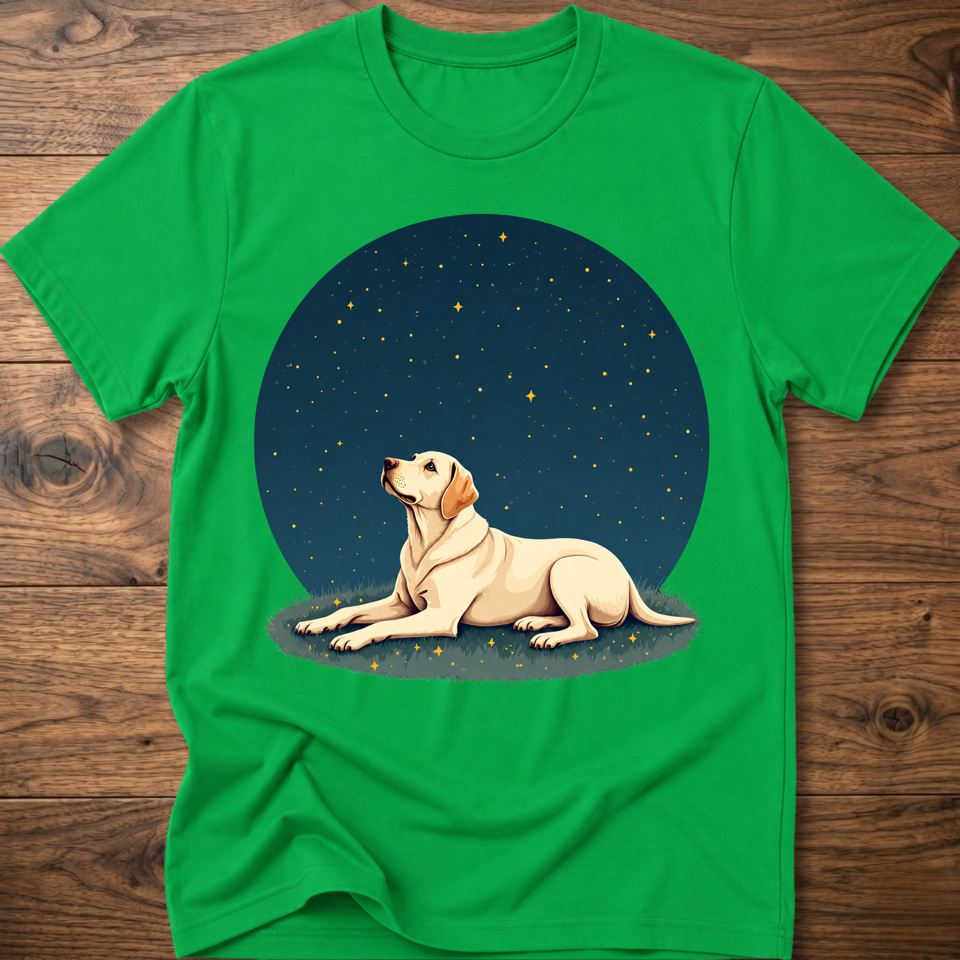 Bright green t-shirt with starry sky circle graphic and tan dog lying on grass
