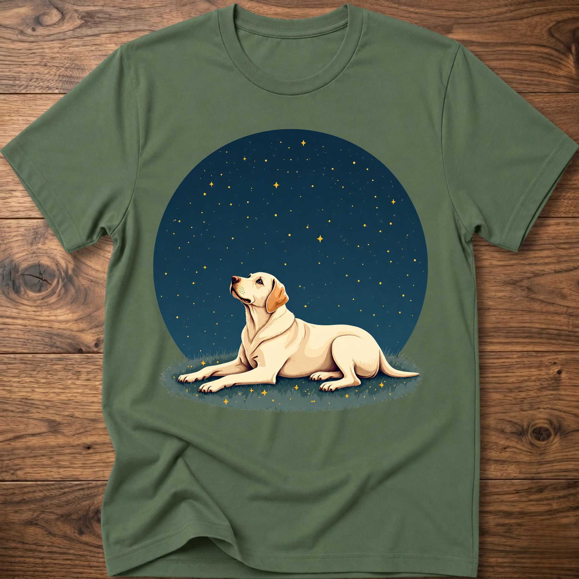 Green t-shirt with starry sky circle graphic and tan dog lying on grass