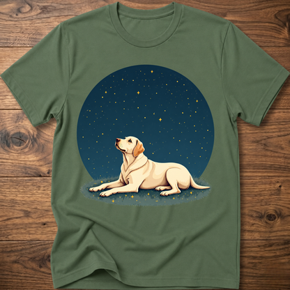 Green t-shirt with starry sky circle graphic and tan dog lying on grass