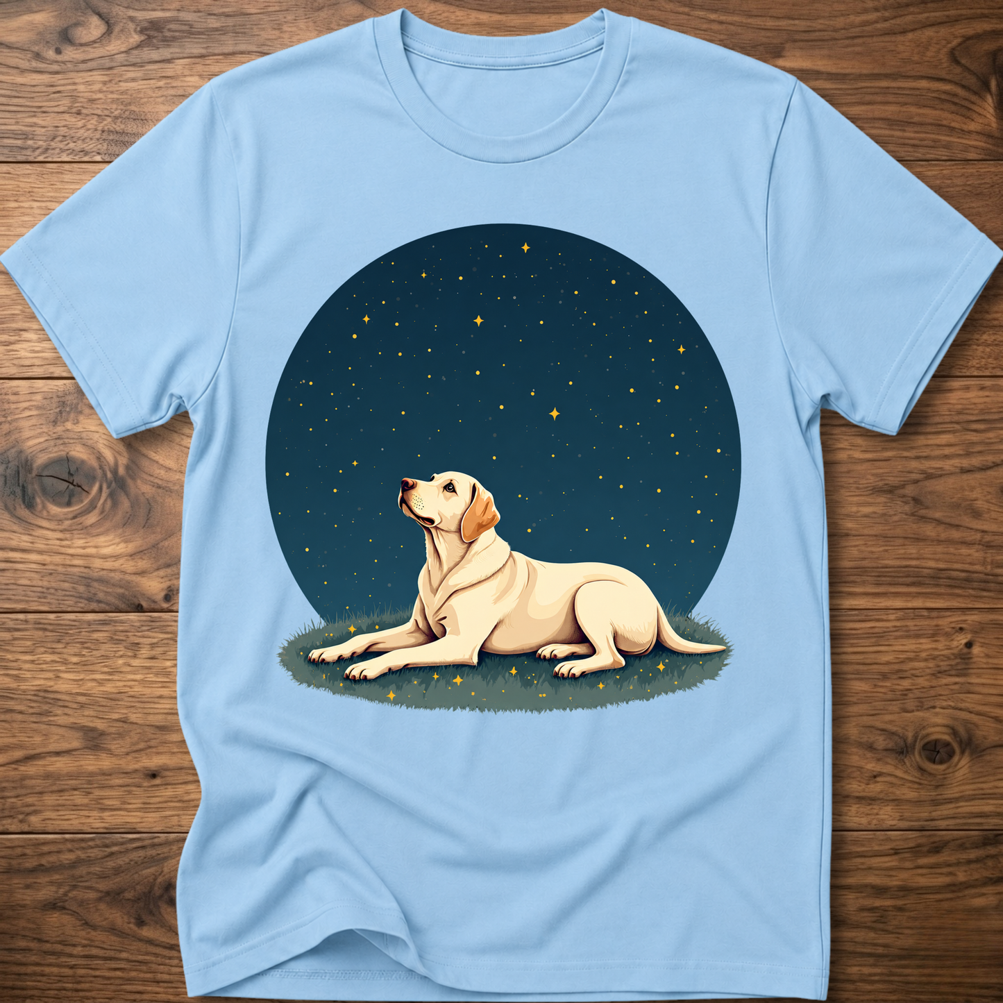 Light blue t-shirt with starry sky circle graphic and tan dog lying on grass