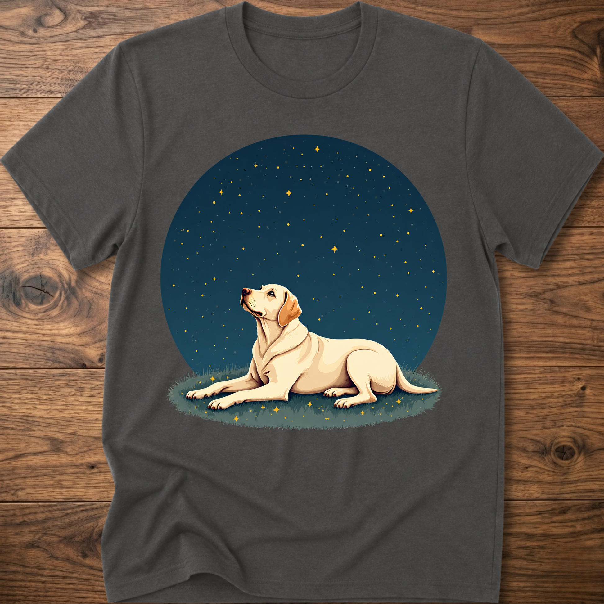 Charcoal gray t-shirt with starry sky circle graphic and tan dog lying on grass