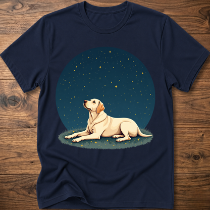 Navy blue t-shirt with starry sky circle graphic and tan dog lying on grass