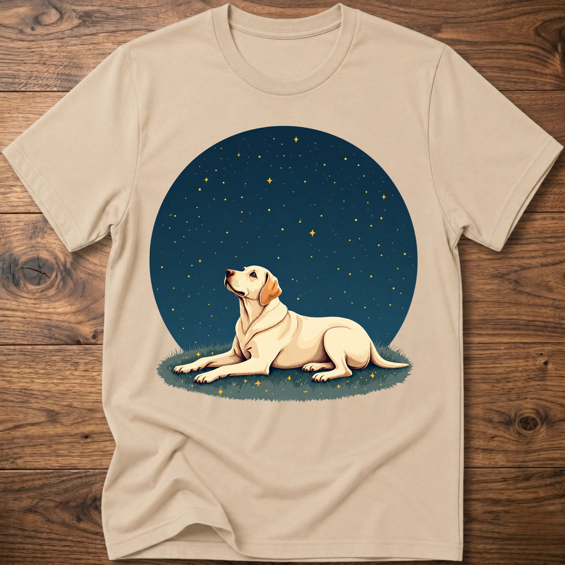 Sand beige t-shirt with starry sky circle graphic and tan dog lying on grass