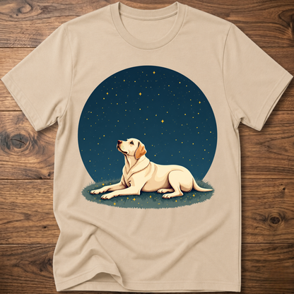 Sand beige t-shirt with starry sky circle graphic and tan dog lying on grass