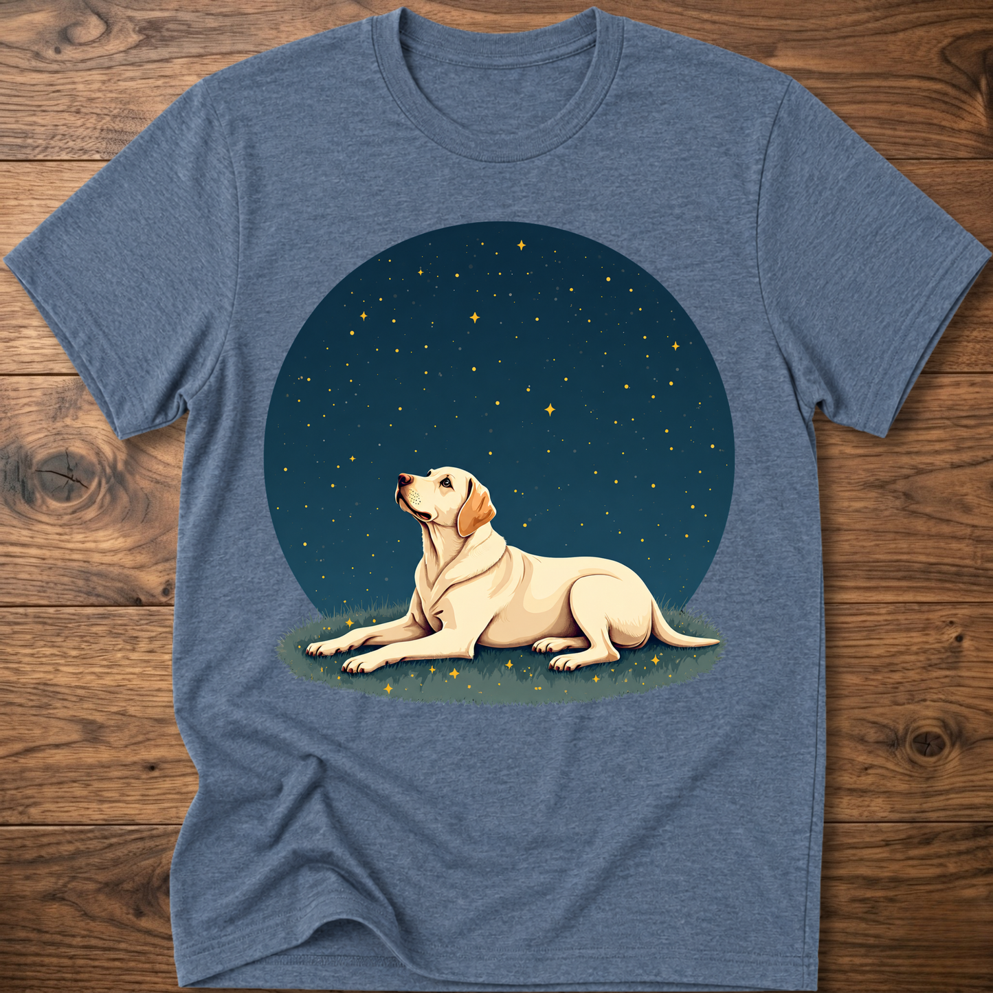 Heather blue t-shirt with starry sky circle graphic and tan dog lying on grass