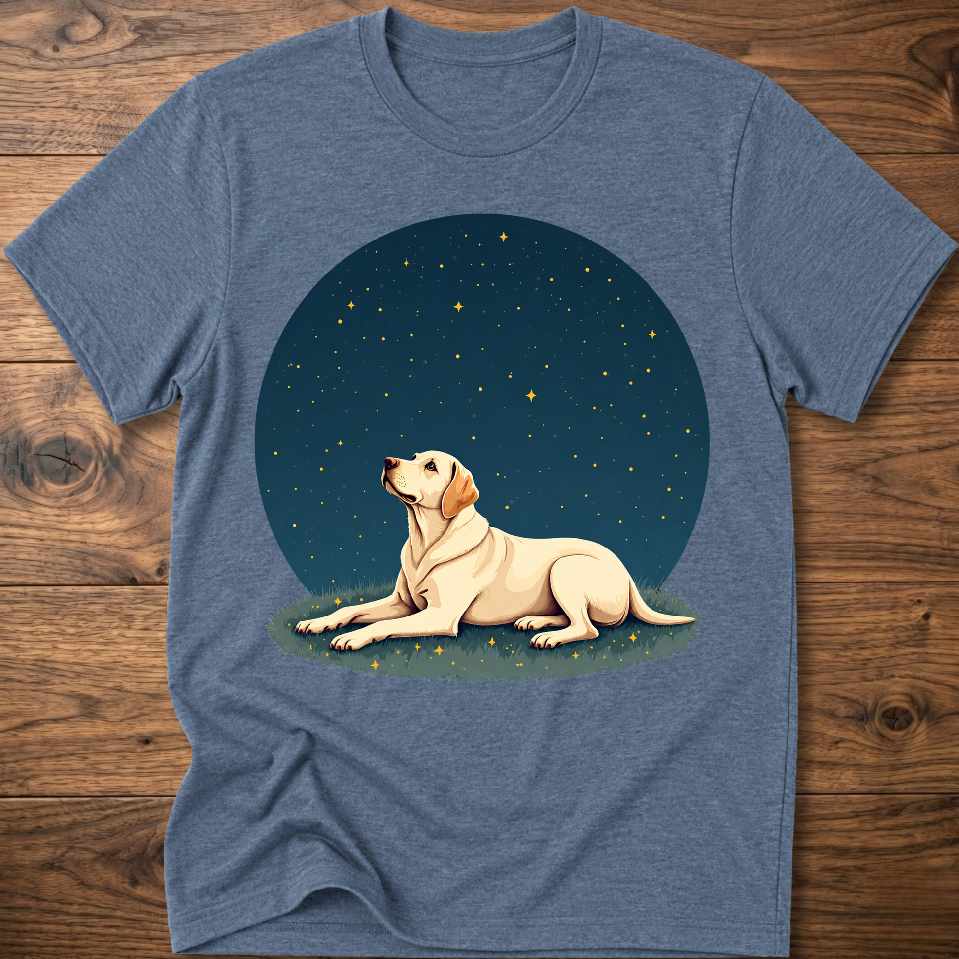 Heather blue t-shirt with starry sky circle graphic and tan dog lying on grass