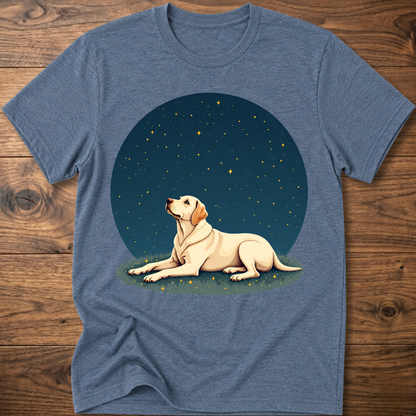 Heather blue t-shirt with starry sky circle graphic and tan dog lying on grass
