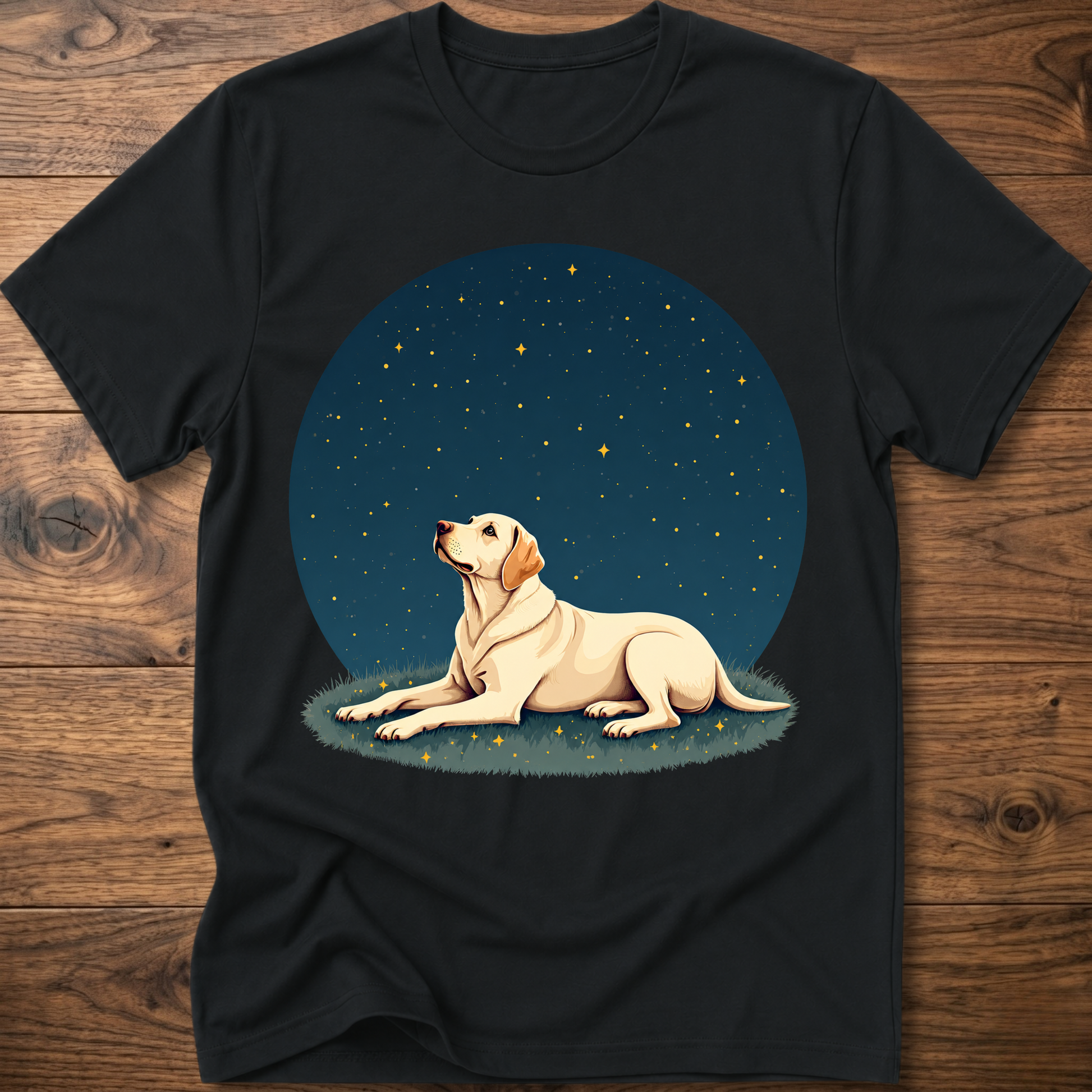 Black t-shirt with starry sky circle graphic and tan dog lying on grass
