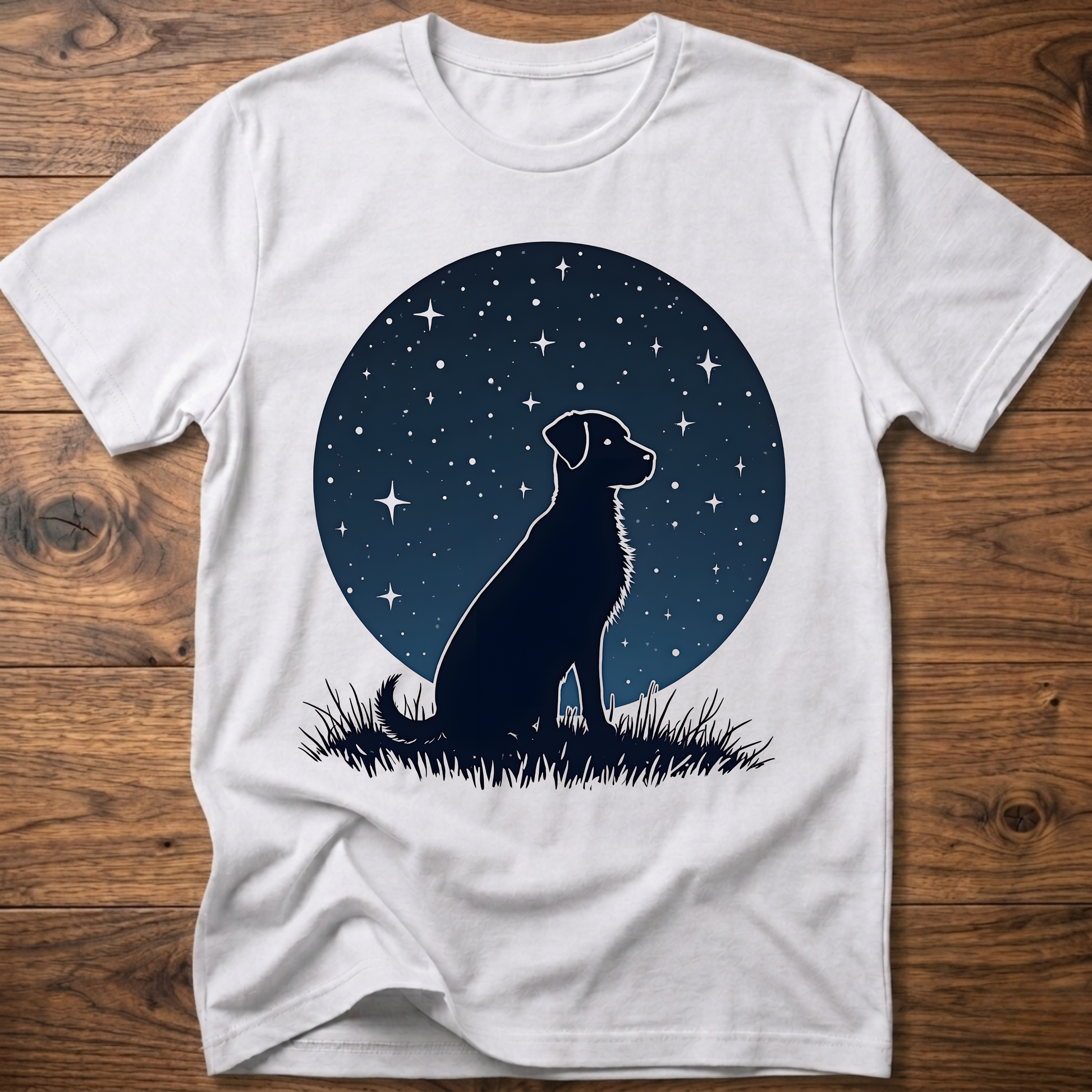 Starry dog graphic t-shirt in white, crew neck short sleeves