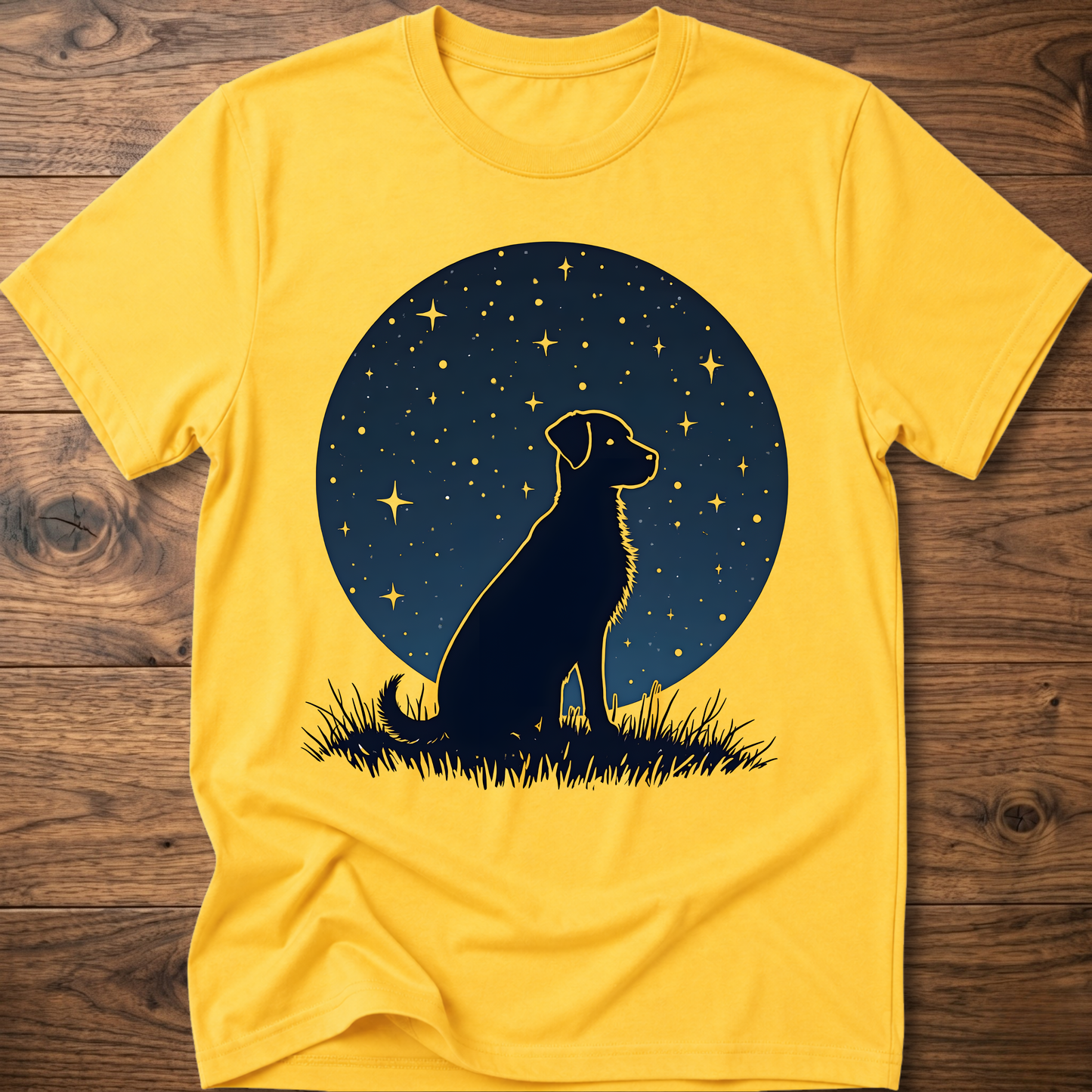 Starry dog graphic t-shirt in daisy yellow, crew neck short sleeves