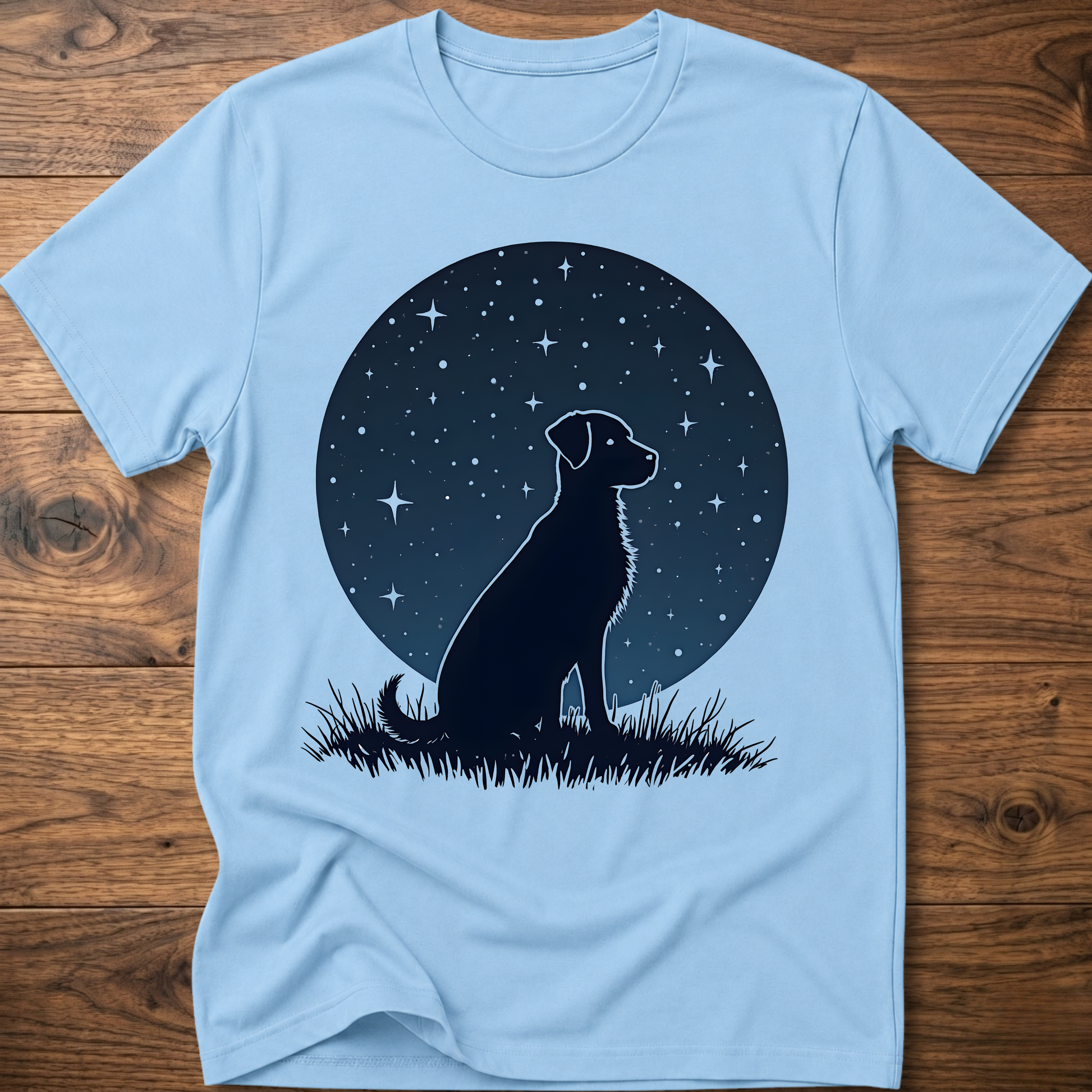 Starry dog graphic t-shirt in light blue, crew neck short sleeves