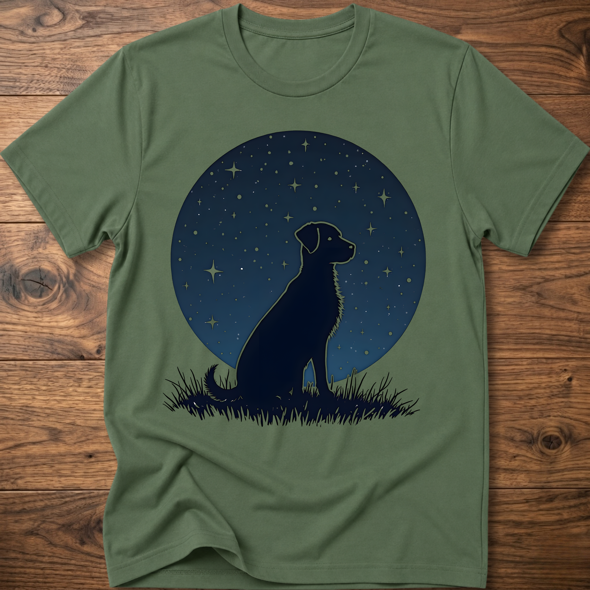 Starry dog graphic t-shirt in military green, crew neck short sleeves