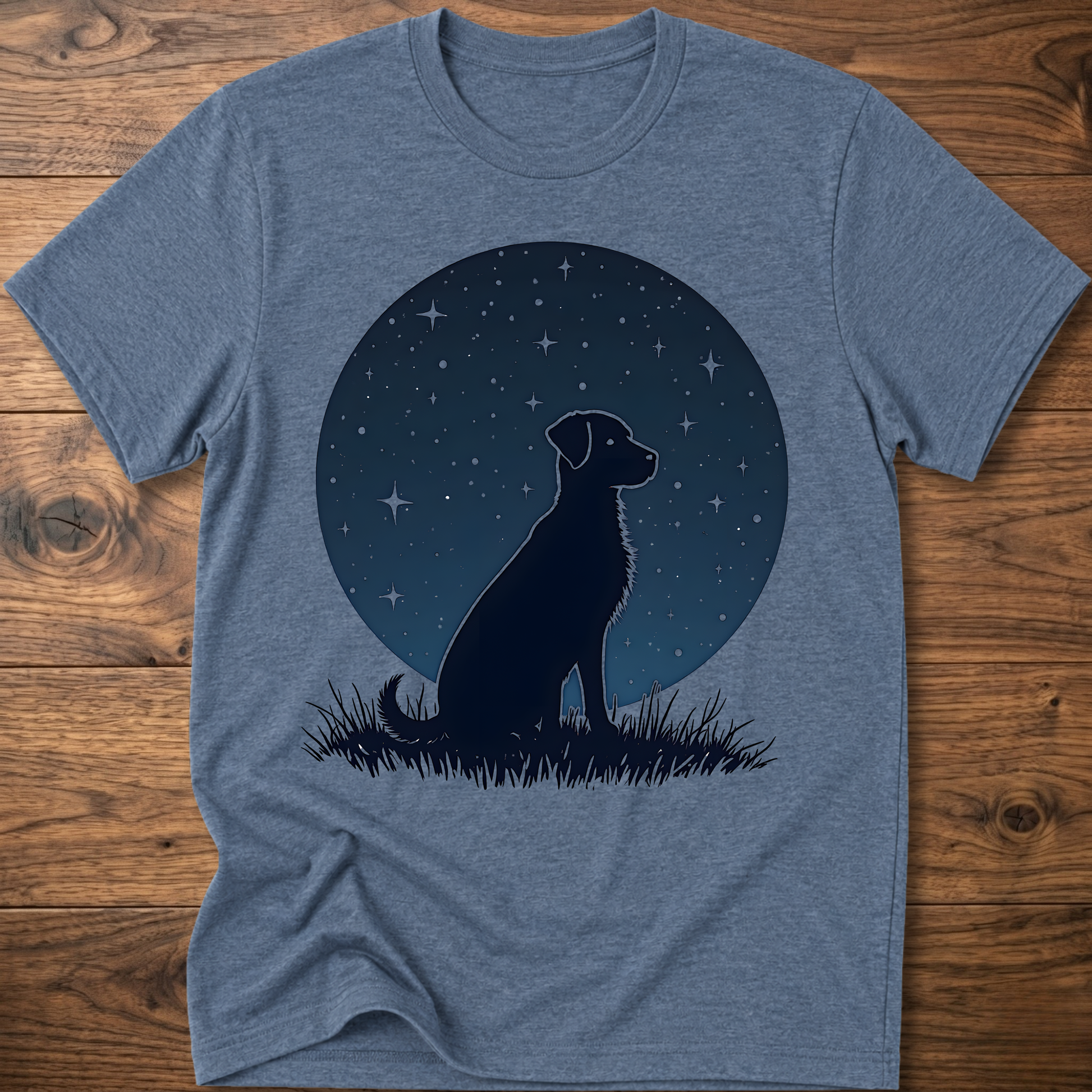 Starry dog graphic t-shirt in heather blue, crew neck short sleeves