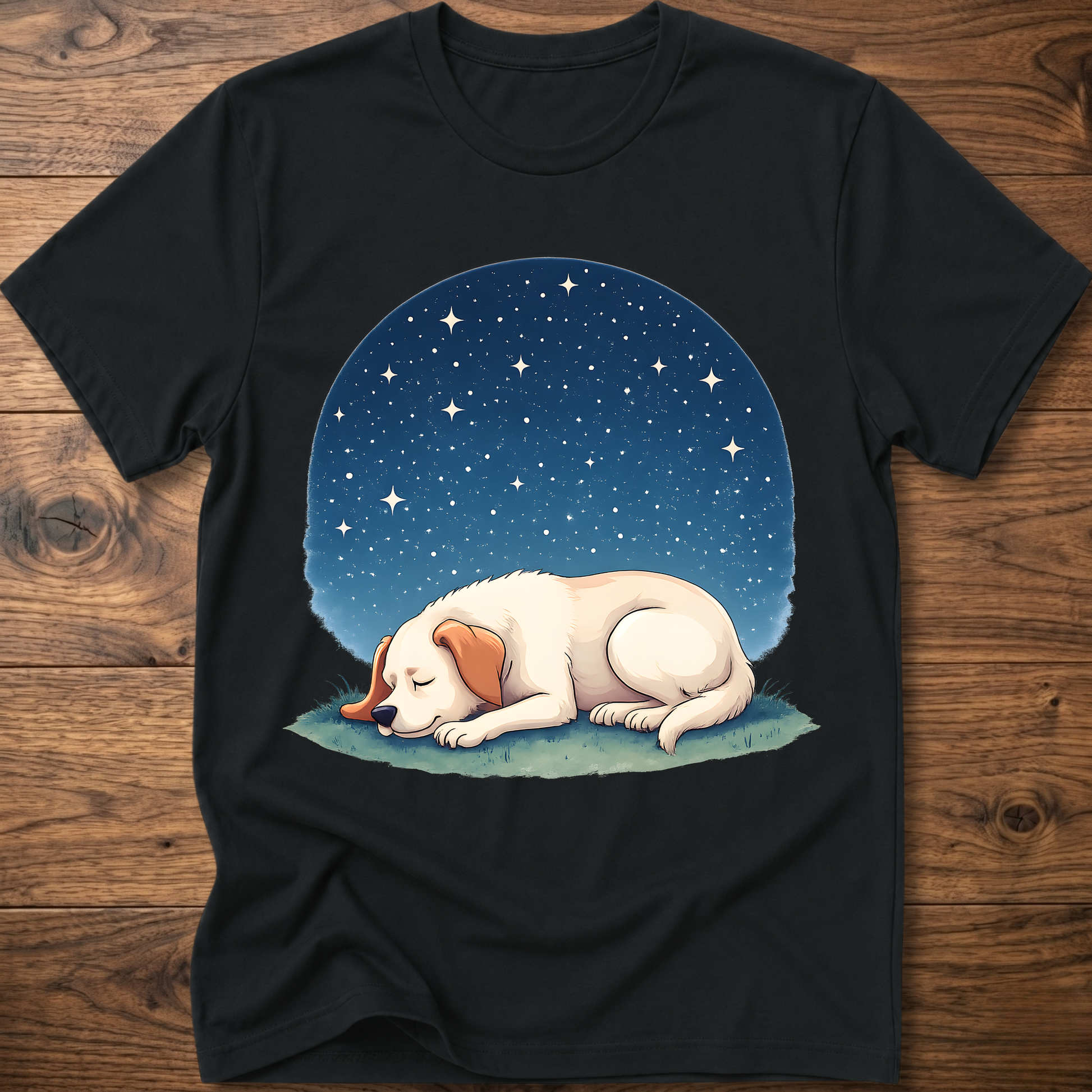 Black t-shirt with sleeping dog graphic under a starry night sky
